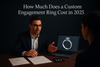 Jewelry executive showing a 3D engagement ring design to a client with diamonds and sketches on the table, under warm lighting with the text “How Much Does a Custom Engagement Ring Cost in 2025.
