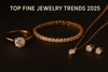 Realistic photo of fine jewelry pieces for 2025 trends, featuring a lab-grown diamond ring, tennis bracelet, pendant necklace, and stud earrings on a dark background.