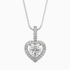 A heart-shaped halo pendant with a diamond centerpiece, surrounded by smaller diamonds on the halo, set in a white gold chain.