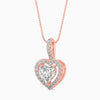 Rose gold heart-shaped diamond pendant on a white background