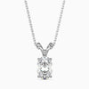 An oval cut diamond pendant necklace with a solitaire setting on a white background.