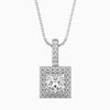 A princess cut halo pendant with a chain, featuring a square shape and made of lab grown diamonds in white gold.