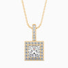 Gold necklace with a square diamond pendant on a white background