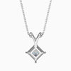Silver necklace with a square pendant featuring a diamond on a white background