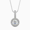 A round halo pendant with a central diamond surrounded by smaller diamonds, set in a white gold or silver chain.