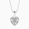 Heart-shaped silver pendant with a clear gemstone on a white background