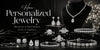 Personalized jewelry collection with diamond necklace, earrings, engagement rings, and tennis bracelets on black marble displays.