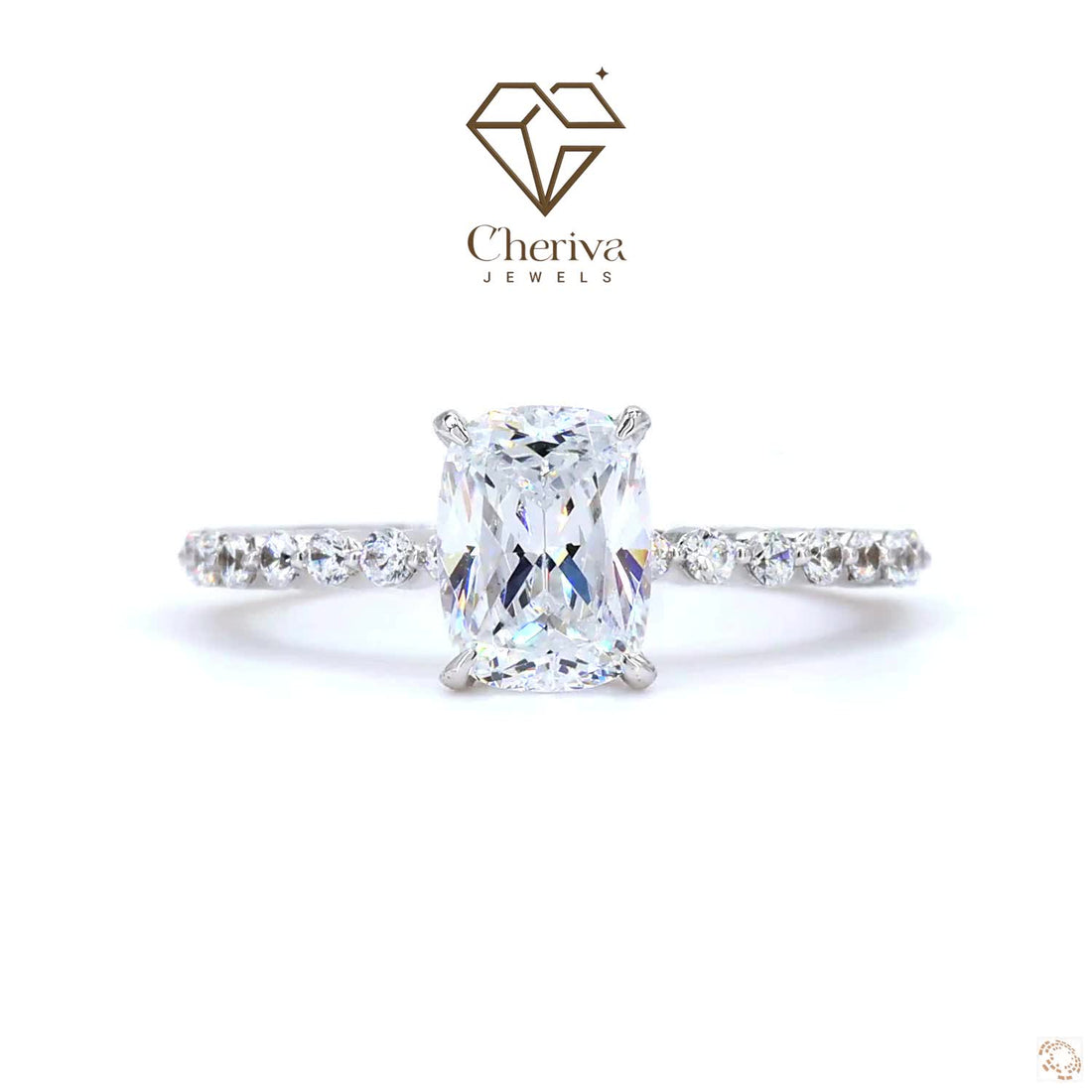 Diamond ring with Cheriva Jewels logo on a white background