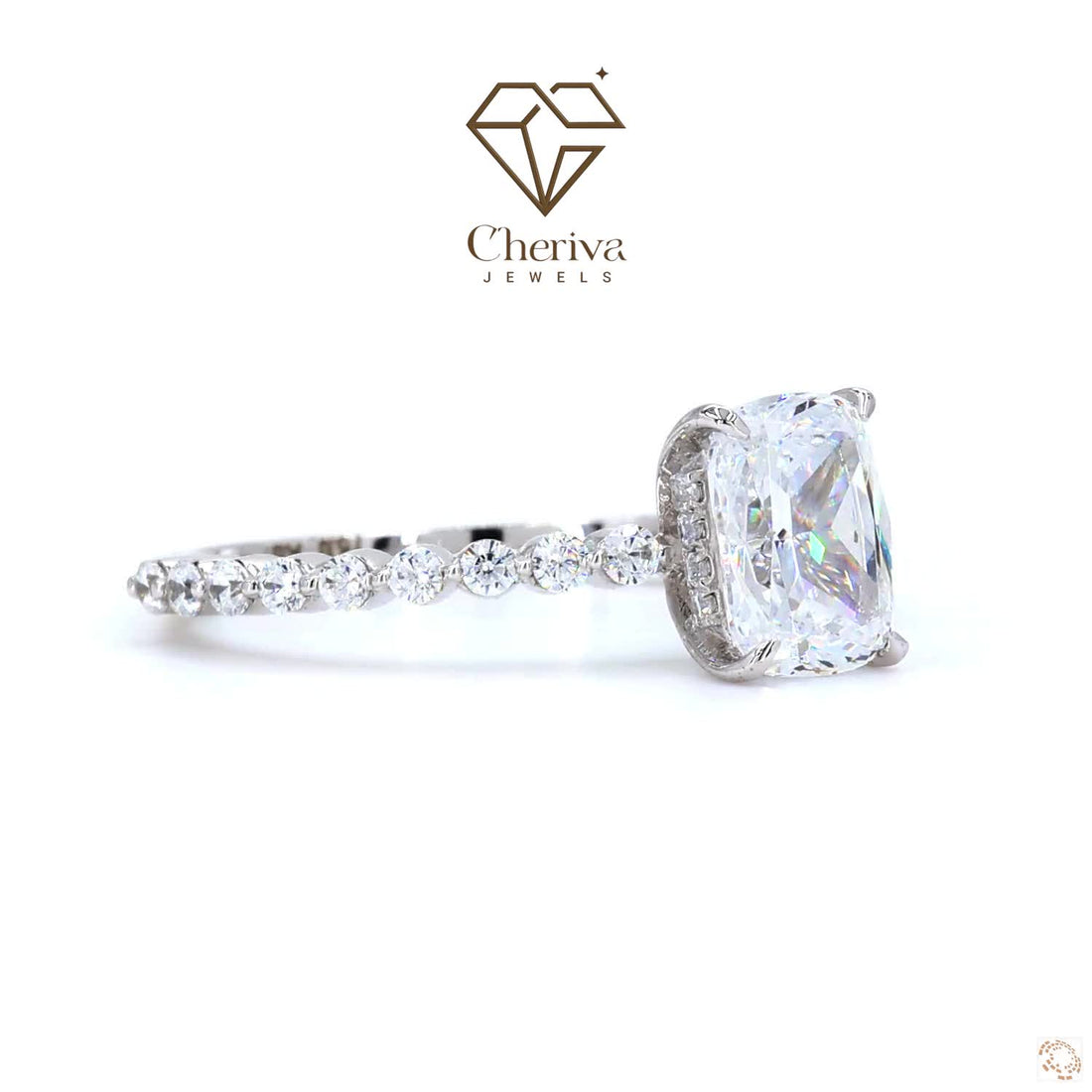 Diamond ring with Cheriva Jewels logo on a white background