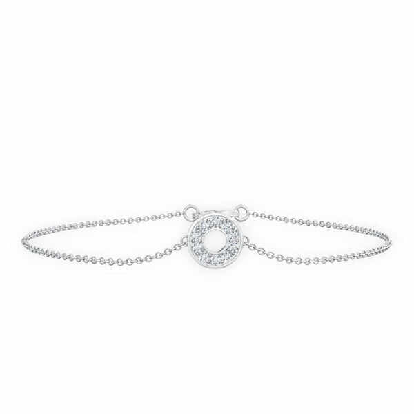 Silver bracelet with a circular charm on a white background