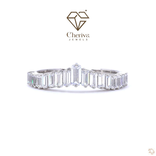 Baguette lab-grown diamond half eternity band in white gold for a longevity wearing experiennce.