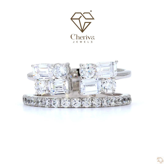 Fancy emerald and round cut lab-grown diamond ring.