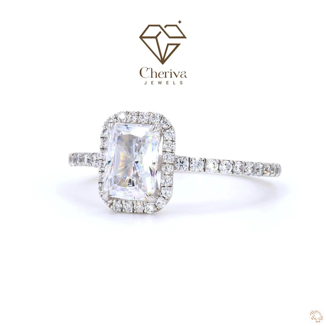 Diamond ring with Cheriva Jewels logo on a white background