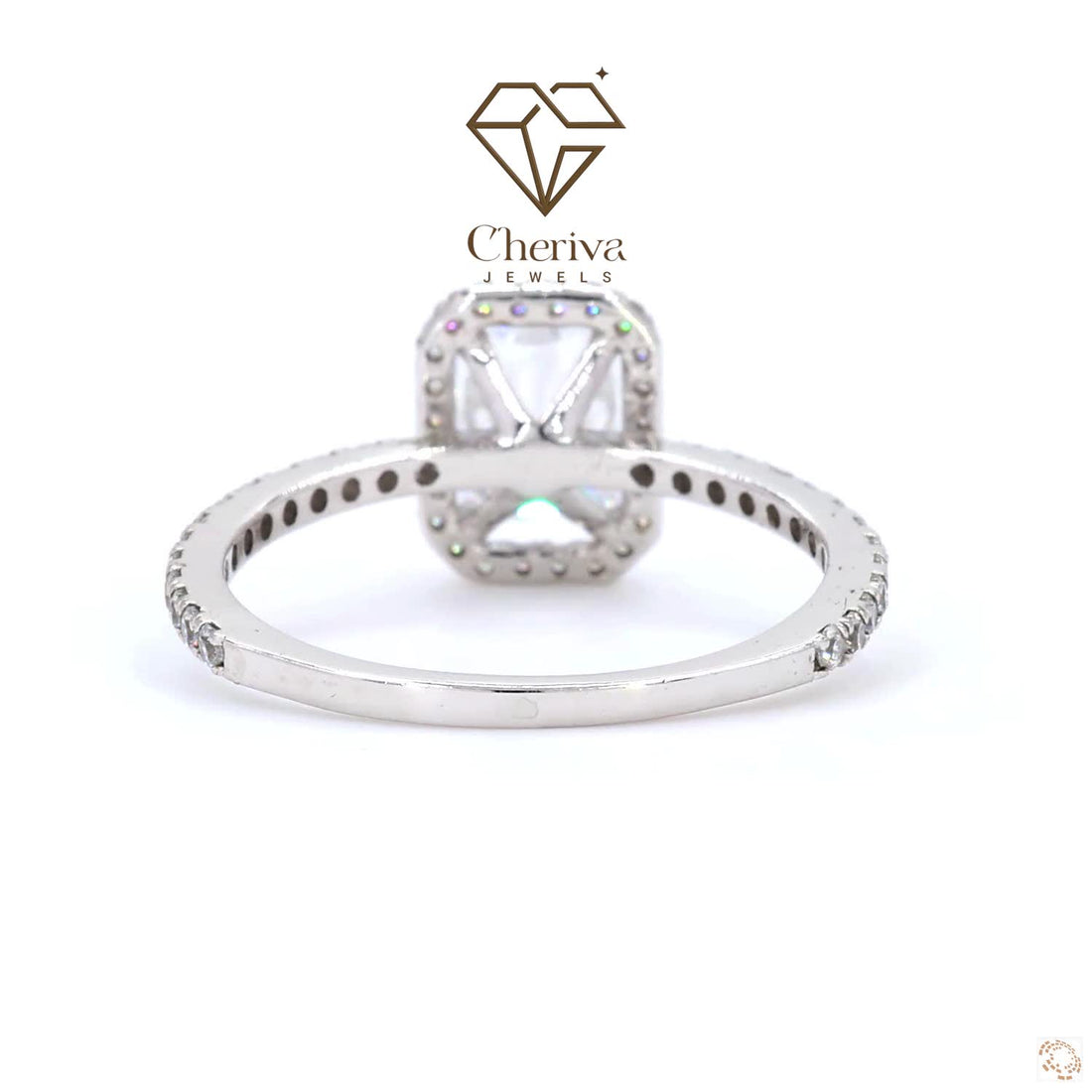 Silver ring with a large central gemstone and smaller stones on a white background, featuring the Cheriva Jewels logo.
