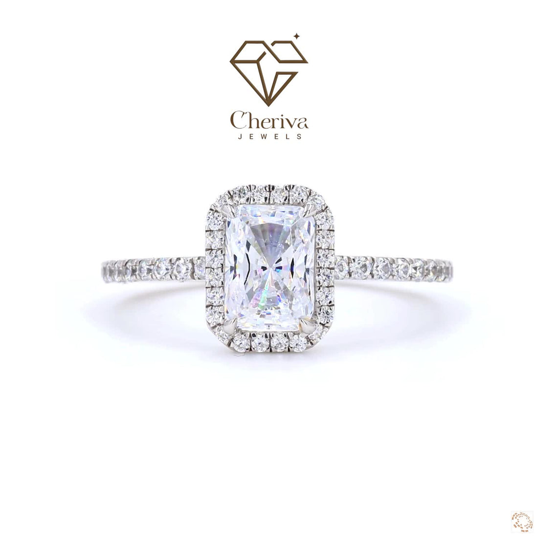Diamond ring with Cheriva Jewels logo on a white background