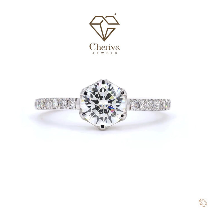 Diamond ring with Cheriva Jewels logo on a white background