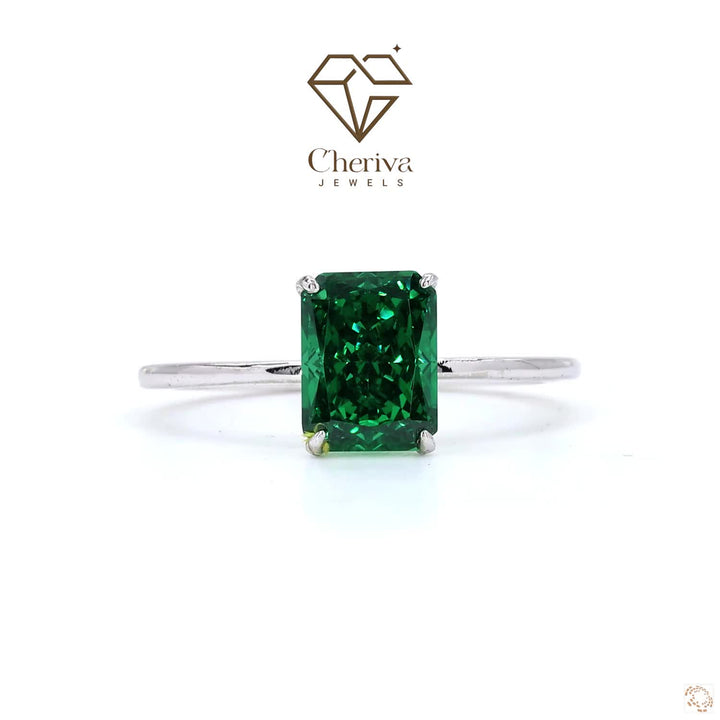Green Emerald Cut Gemstone Solitaire Engagement Ring