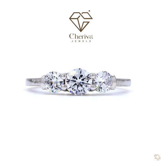 1-carat round shape three-stone white gold ring.
