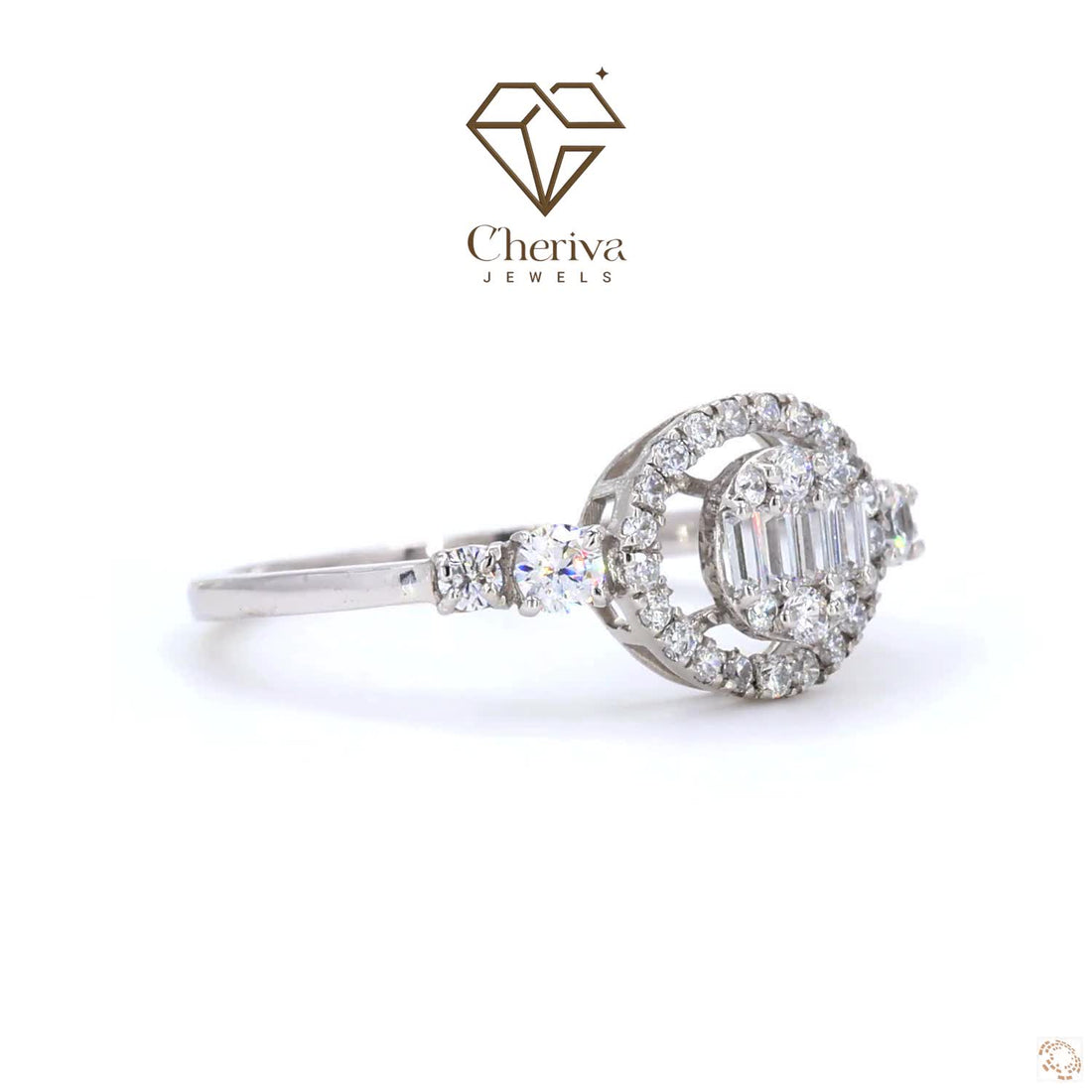 Halo Engagement Ring With Baguette Cut Diamond