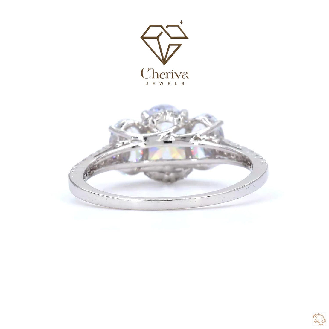 Silver ring with a diamond on a white background, featuring the Cheriva Jewels logo.
