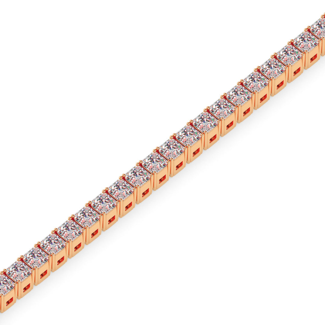 Rose gold bracelet with clear gemstones on a white background