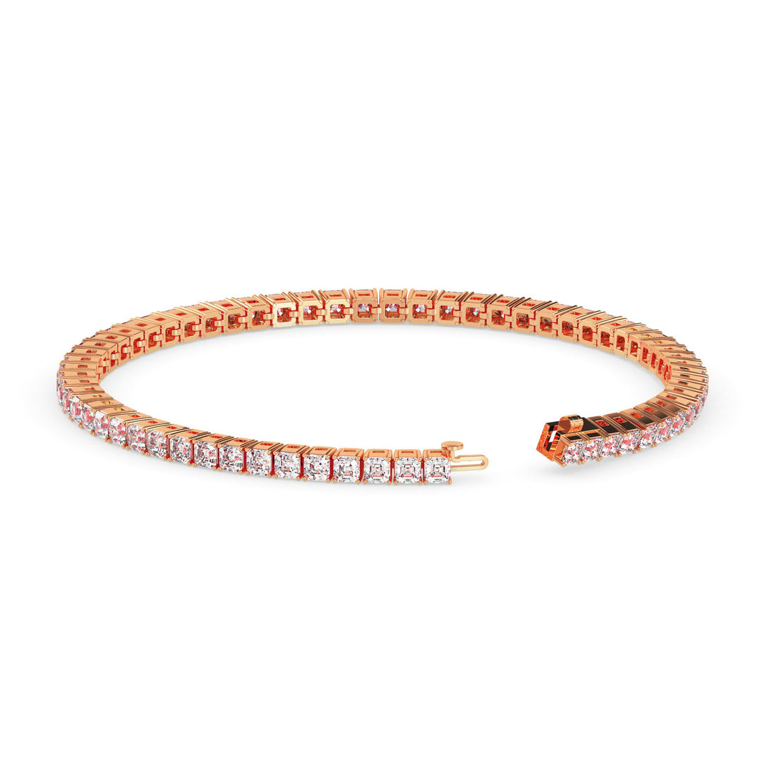 Rose gold bracelet with clear stones on a white background