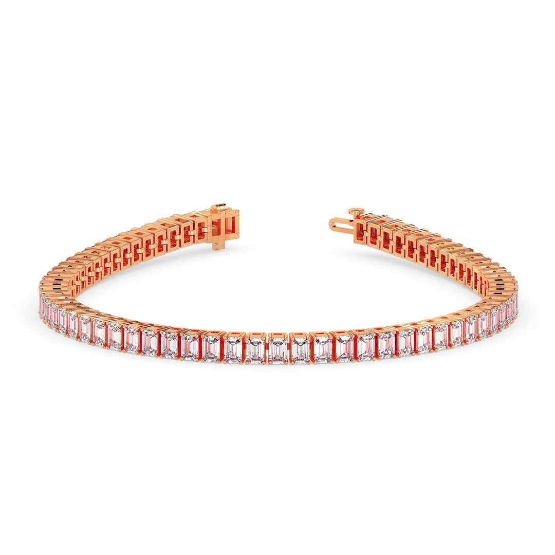 Rose gold bracelet with clear gemstones on a white background
