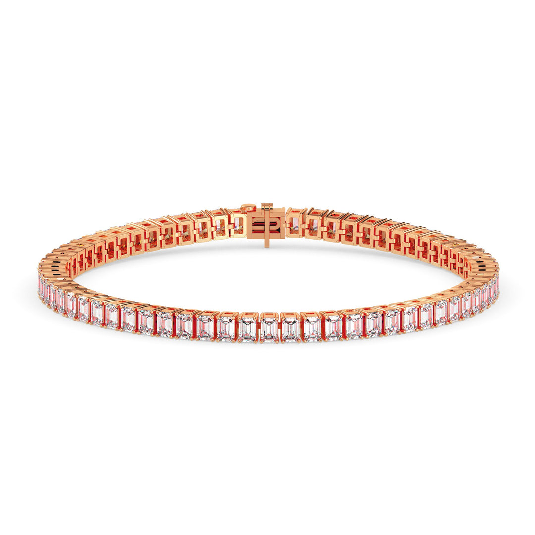 Rose gold bracelet with clear gemstones on a white background