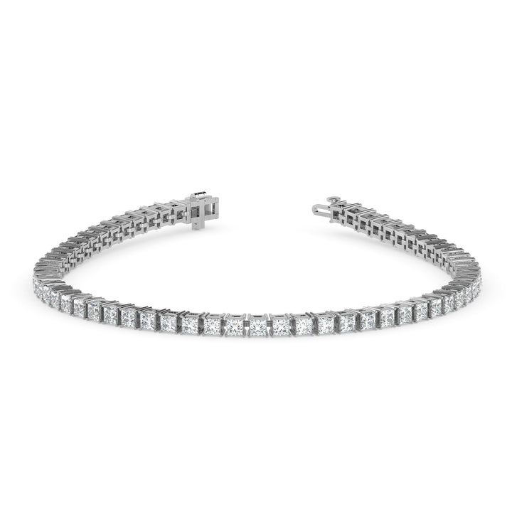 Silver tennis bracelet featuring 4 carats of princess cut diamonds in a classic line setting on a wite background