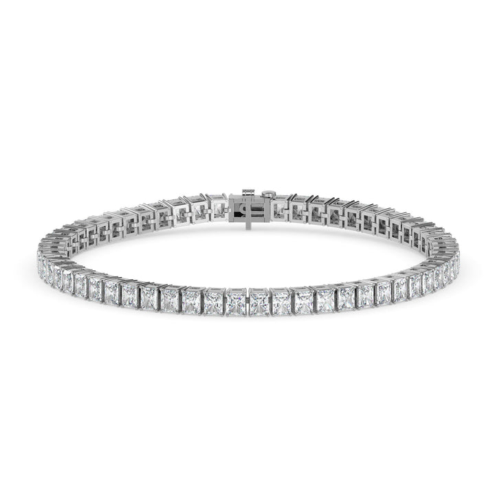 7.50 ct radiant cut diamond tennis bracelet with bold edges and high-shine diamonds linked in seamless harmony on white background