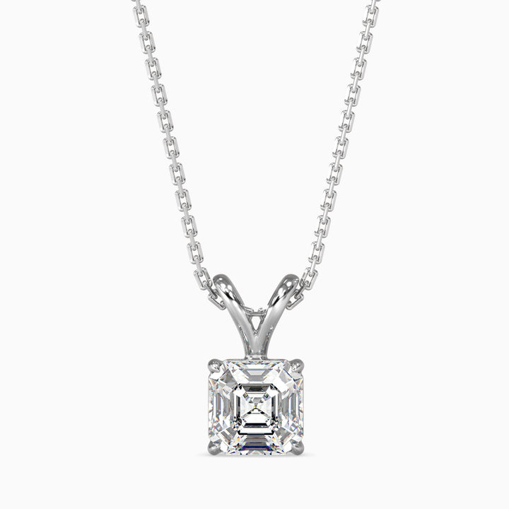 An Asscher cut diamond pendant with a colorless stone set in a white gold or platinum chain.