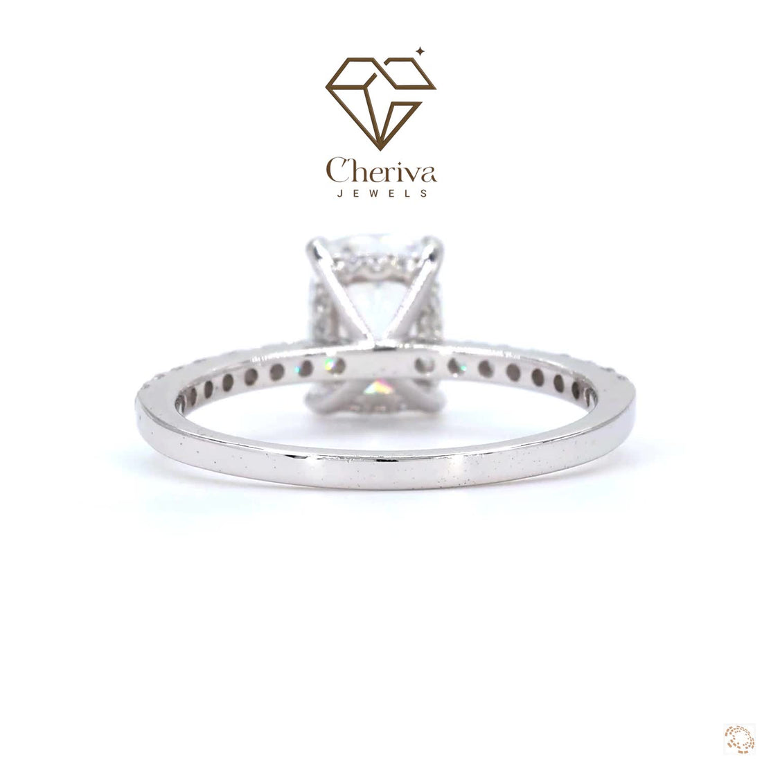 Silver ring with a diamond on a white background, featuring the Cheriva Jewels logo.