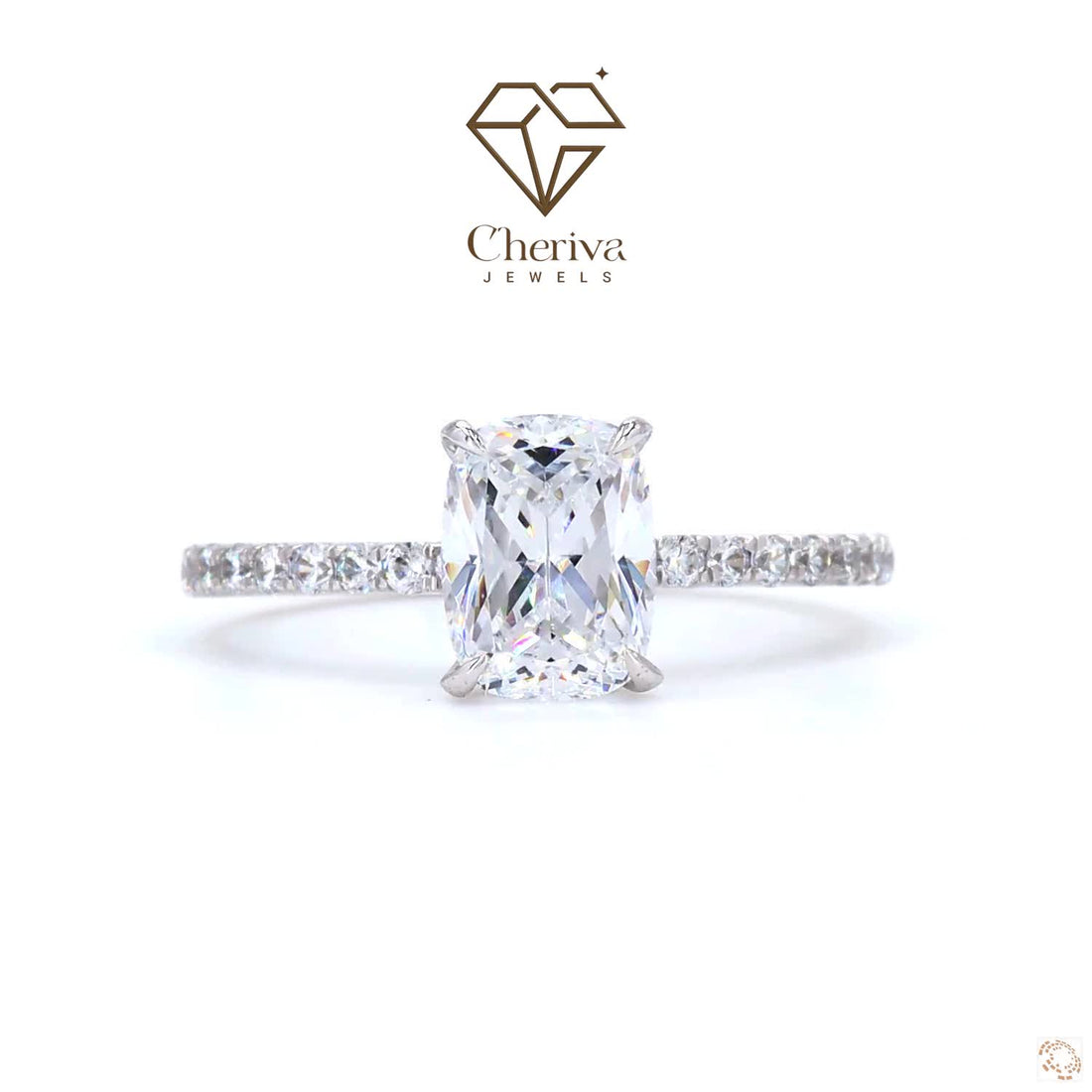 Diamond ring with Cheriva Jewels logo on a white background