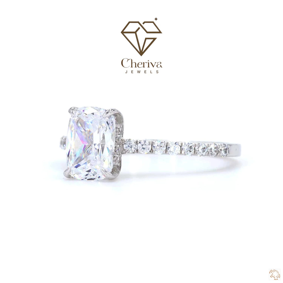 Diamond ring with Cheriva Jewels logo on a white background