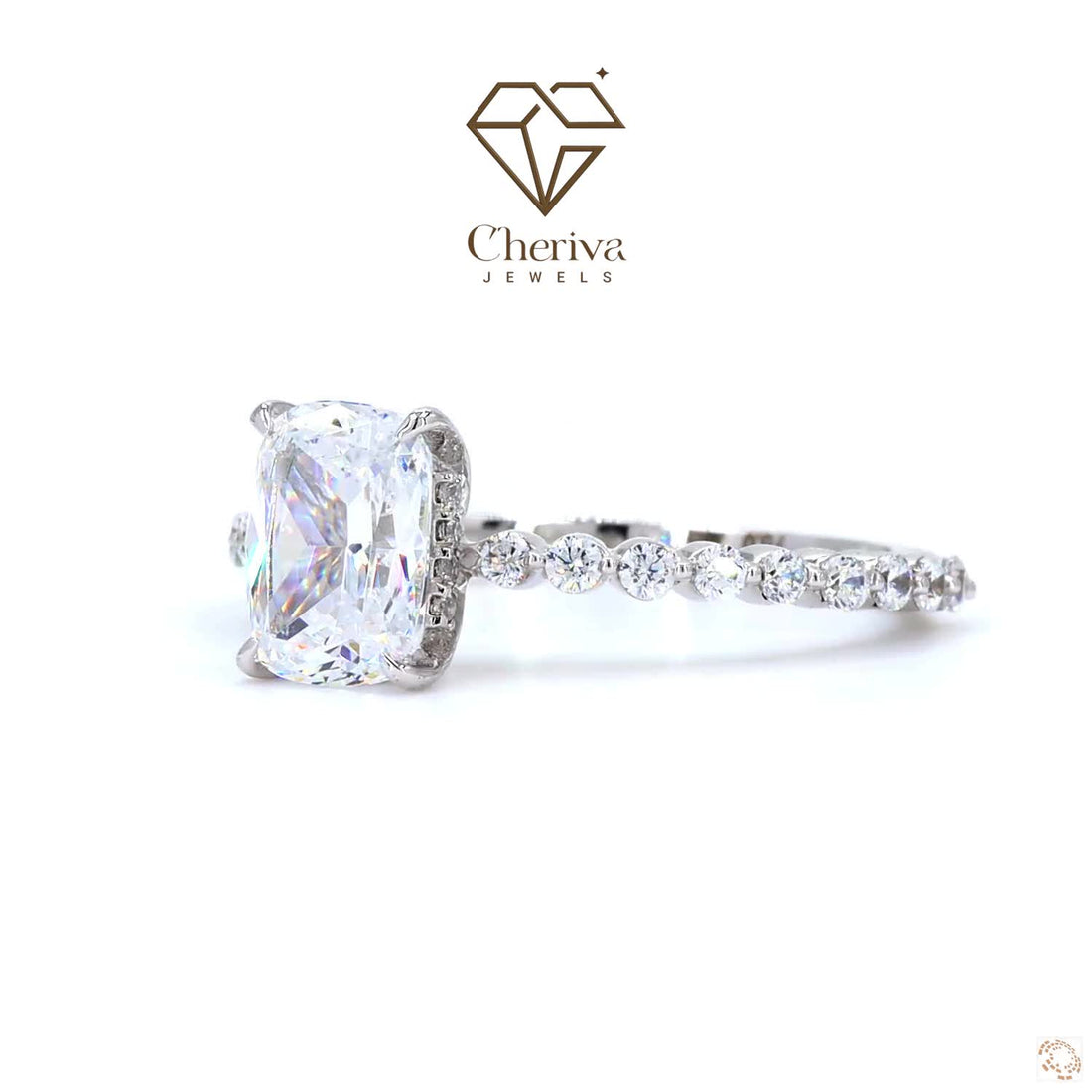Diamond ring with Cheriva Jewels logo on a white background