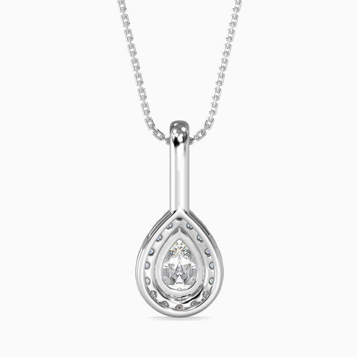 Silver teardrop pendant necklace on a white background