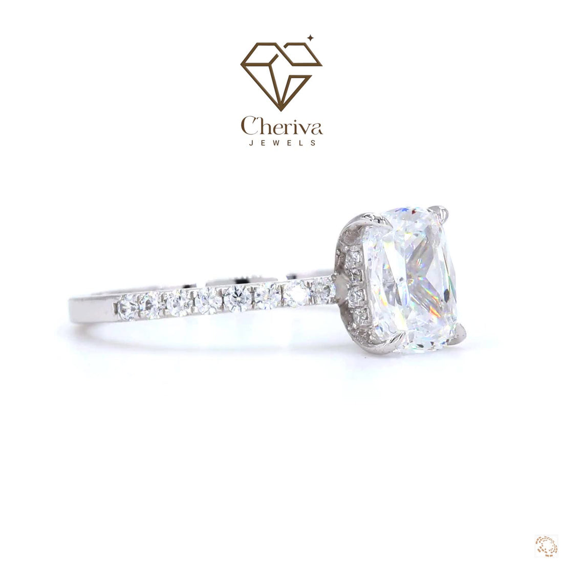 Diamond ring with Cheriva Jewels logo on a white background