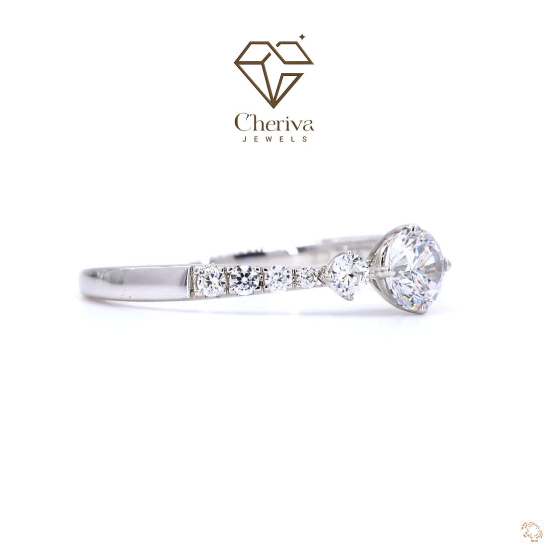 Diamond ring with Cheriva Jewels logo on a white background