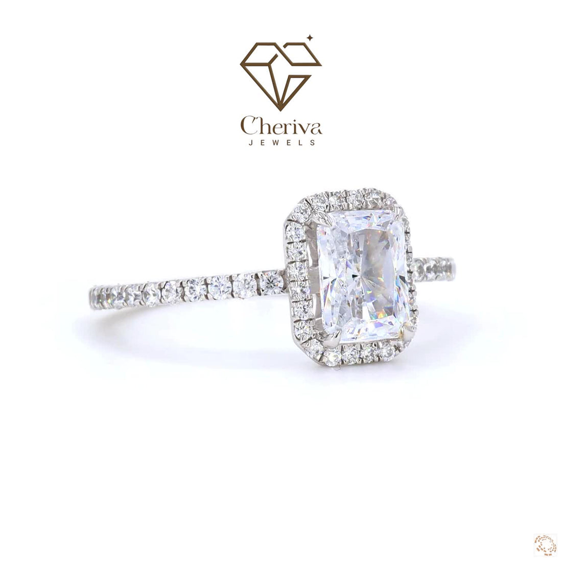 Diamond ring with 'Cheriva Jewels' logo on a white background