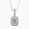 An emerald cut diamond pendant with a halo of smaller diamonds set in a white gold chain.