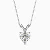 A heart-shaped diamond pendant set in a white gold or silver chain, with a clear and sparkling stone.