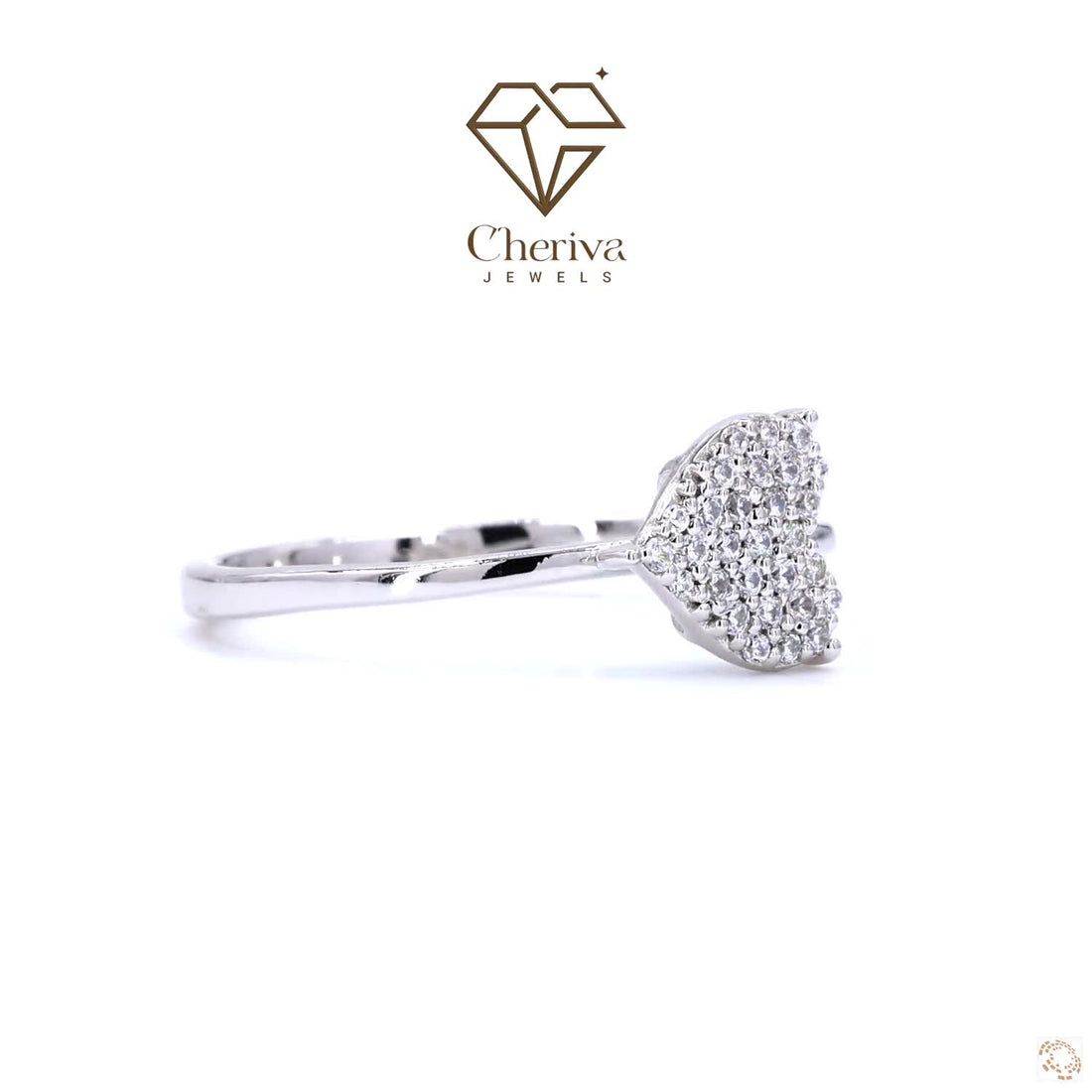 Silver ring with diamond pavé design on a white background, featuring the Cheriva Jewels logo.
