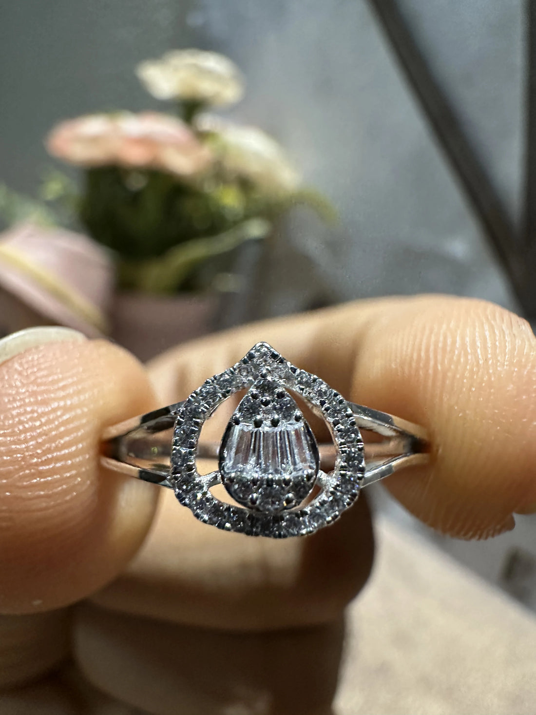 Round Diamond almond shaped Engagement Ring
