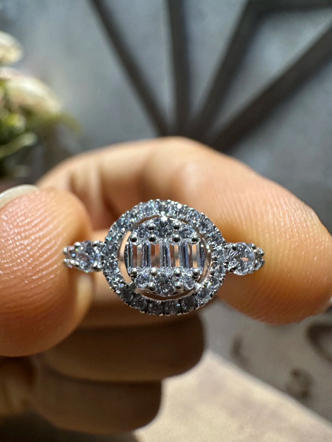 Halo Engagement Ring With Baguette Cut Diamond