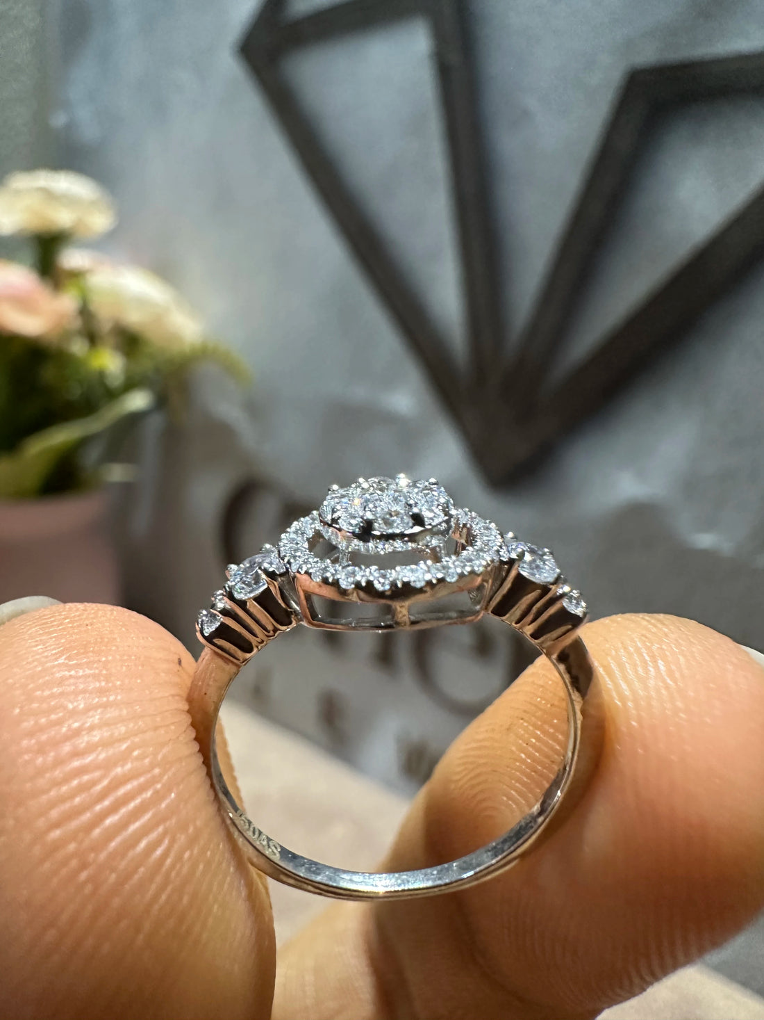Halo Engagement Ring With Baguette Cut Diamond