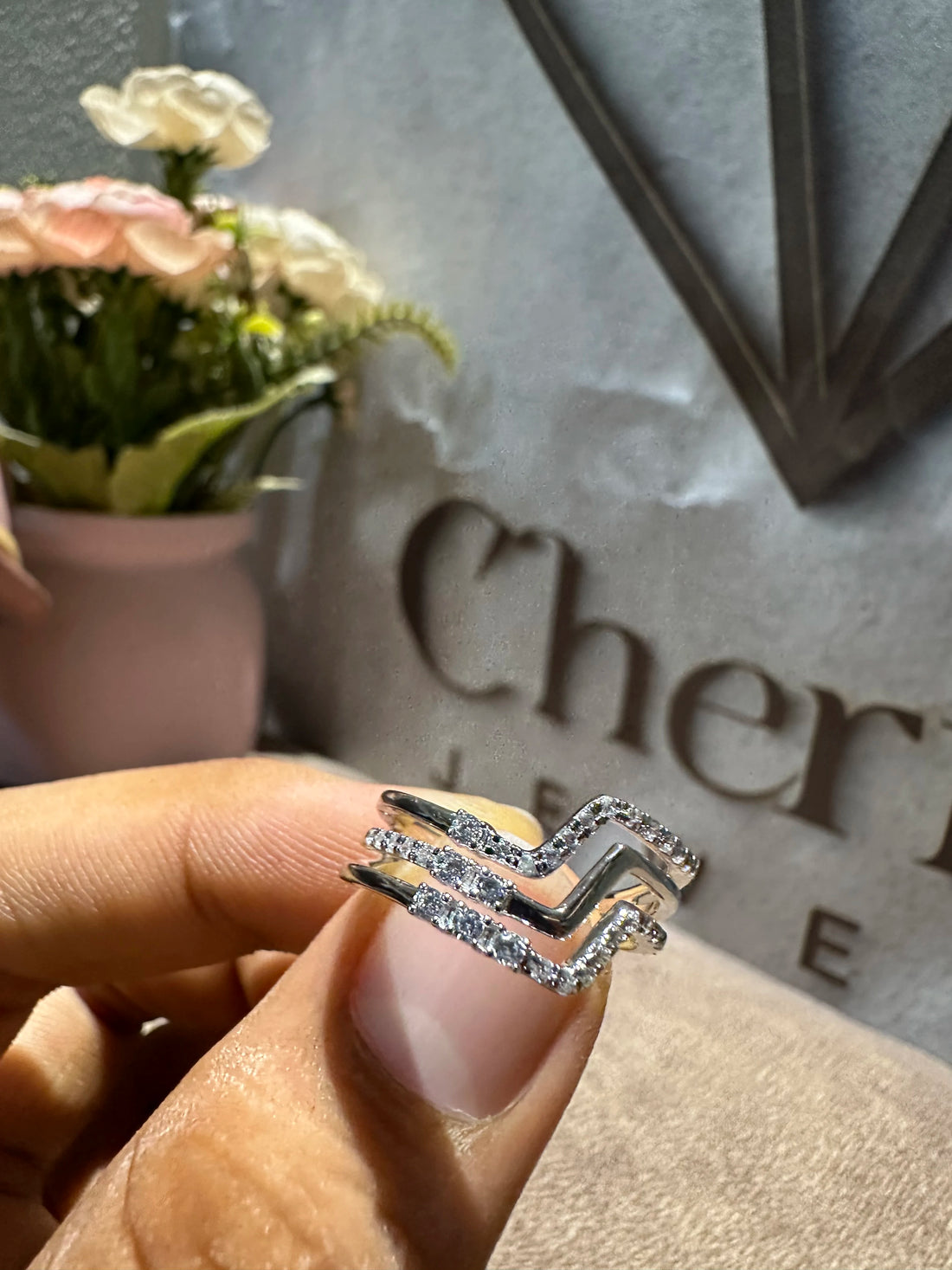 Round Cut 3 Row Tilted Diamond Wedding Ring
