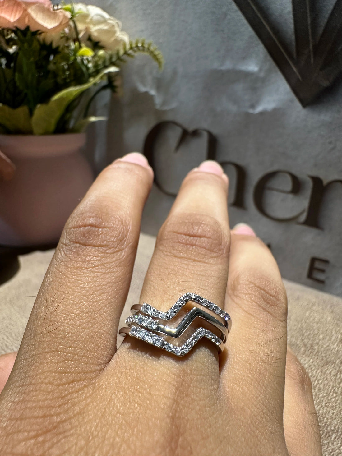 Round Cut 3 Row Tilted Diamond Wedding Ring