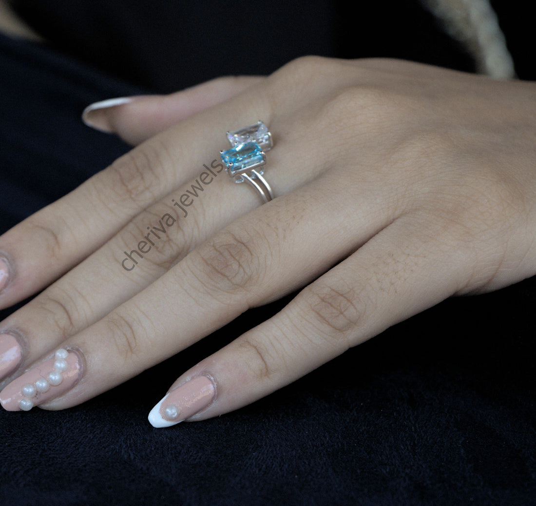 Green Emerald Cut Diamond Toi Et Moi Engagement Ring