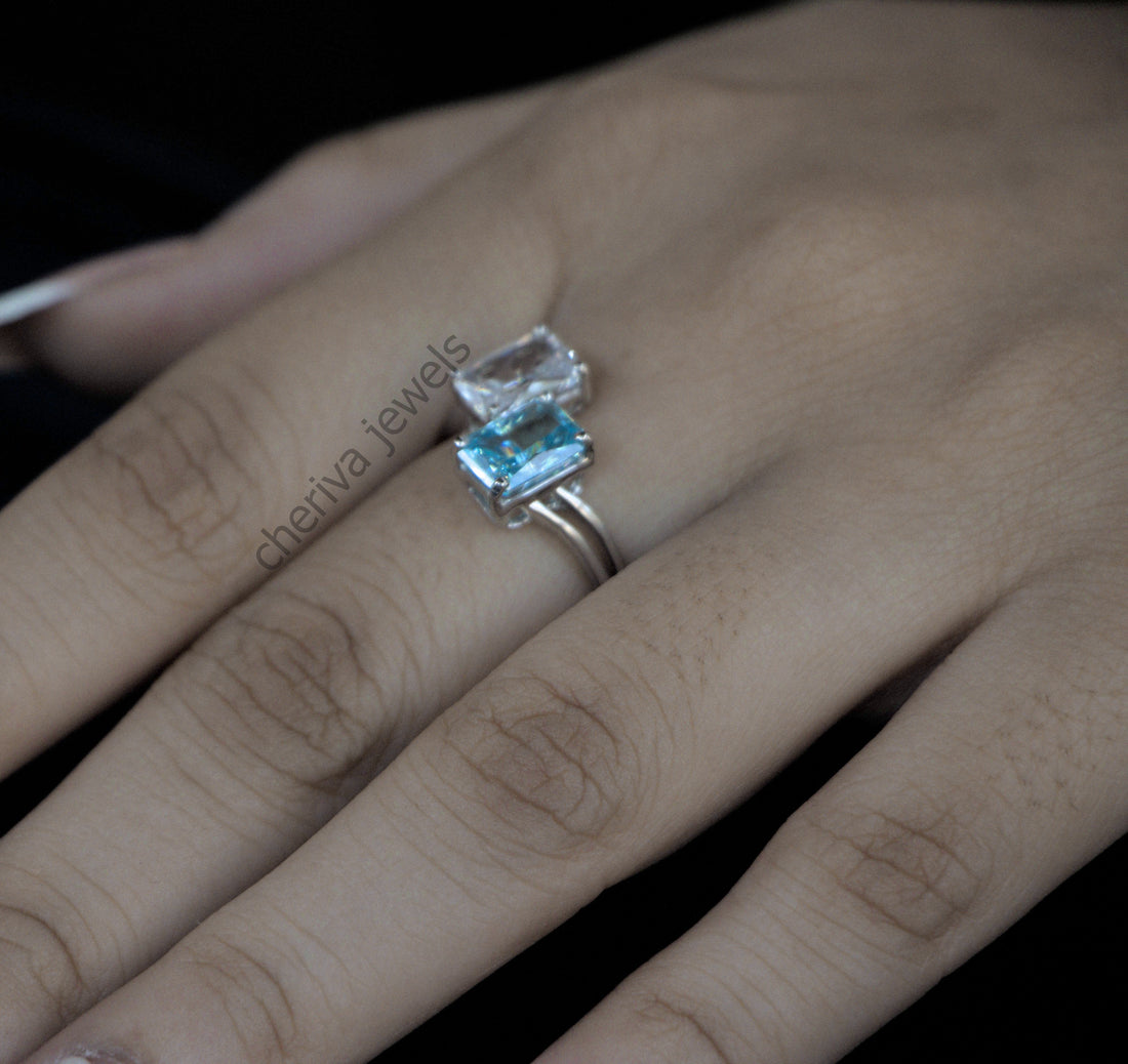 Green Emerald Cut Diamond Toi Et Moi Engagement Ring