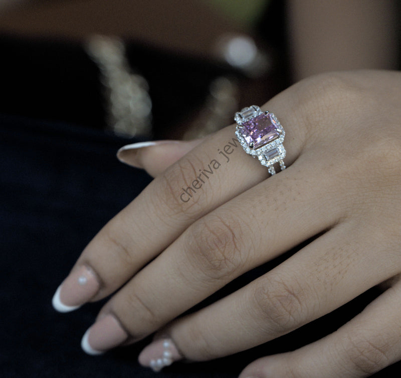 Purple Sapphire Promise Ring in Baguette Cut Diamond